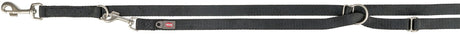 Schwarze Hundeleine aus Nylon mit silbernem Karabinerhaken und mehreren Metallringen, Label mit Aufschrift.