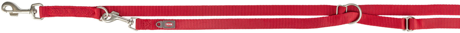 Rote Hundeleine aus gewebtem Material mit silbernem Karabinerhaken und Metallringen.