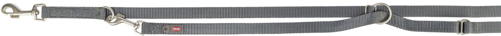 Graues Hundehalsband mit Metallclips und Ringen, Label "Trixie" sichtbar, verstellbares Gurtband.