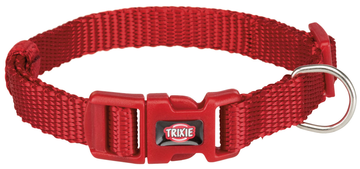 Rotes Hundehalsband aus geflochtenem Material mit Klickverschluss und silbernem Metallring.