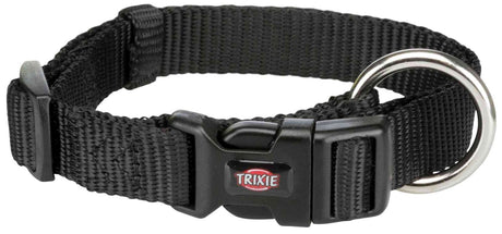 Schwarzes Halsband für Haustiere mit Klickverschluss und silbernem D-Ring, Label "TRIXIE" sichtbar.