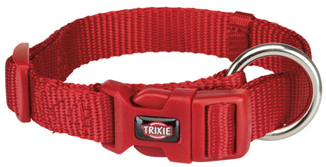 Rotes Nylon-Hundehalsband mit Kunststoffschnalle und Metallring, Logo "TRIXIE" auf der Schnalle sichtbar.