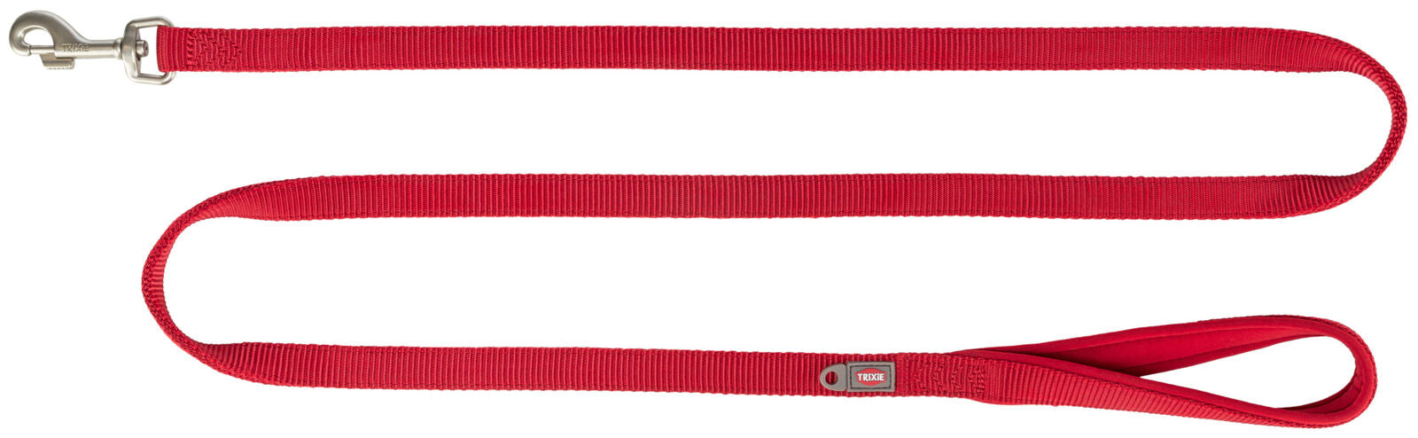 Rote Hundeleine aus Nylon mit Metallschnalle und Griffschlaufe, darauf steht "Trixie".