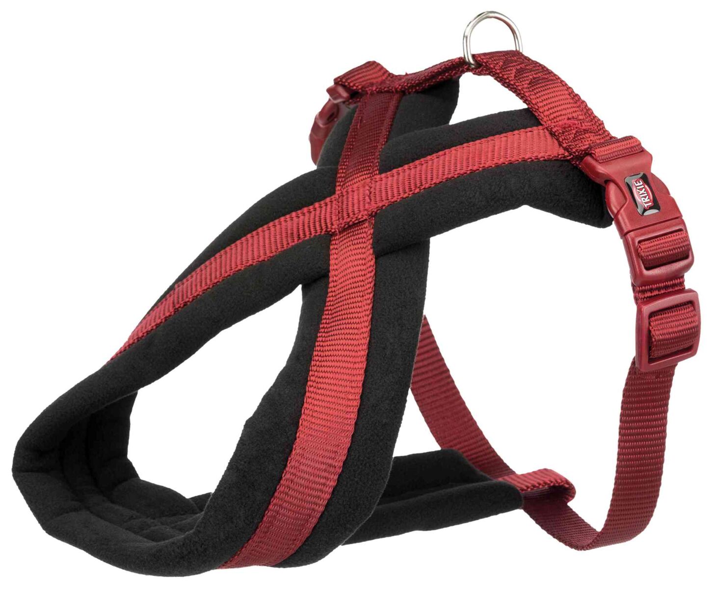 Schwarzes und rotes Geschirr für Hunde mit verstellbaren Riemen und stabilem Metallring oben.