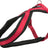 Rotes und schwarzes Hundegeschirr aus gepolstertem Material mit verstellbarem Gurt und Metallring.
