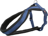 Blau-schwarzes Hundegeschirr mit Verstellmöglichkeiten und Ring für die Leine, aus Stoffmaterial.