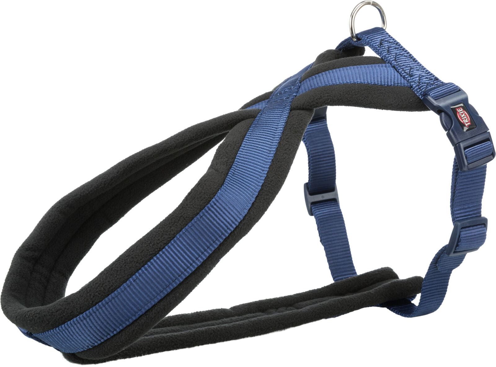 Blau-schwarzes Hundegeschirr mit Verstellmöglichkeiten und Ring für die Leine, aus Stoffmaterial.
