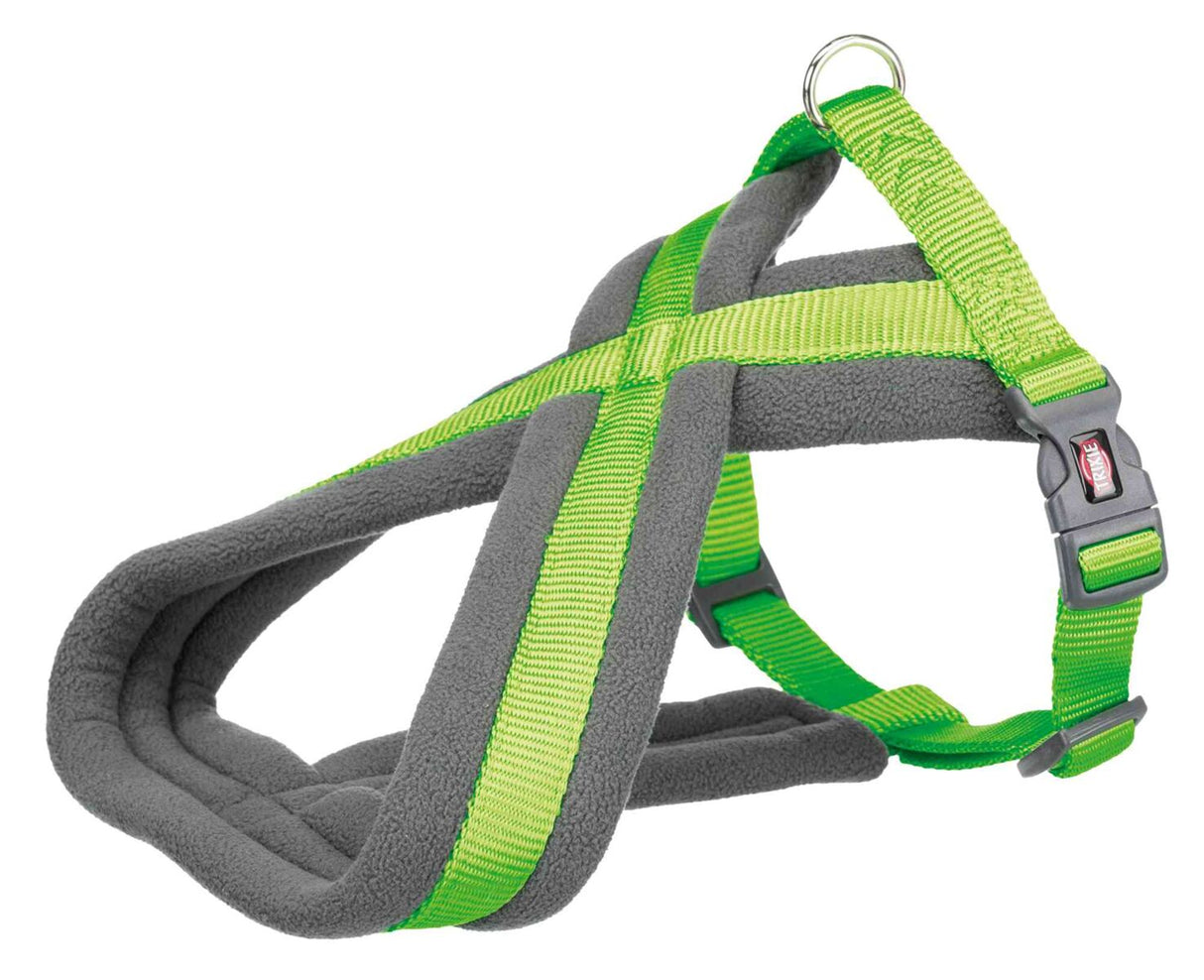 Grün-graues Hundegeschirr mit gepolstertem Material und Clipverschluss, geeignet für den Outdoor-Einsatz.