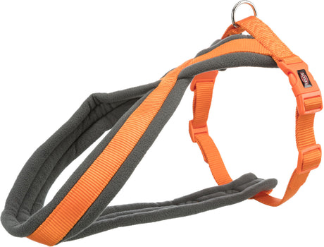 Graues und oranges Geschirr mit weicher Polsterung und verstellbarem Verschluss.