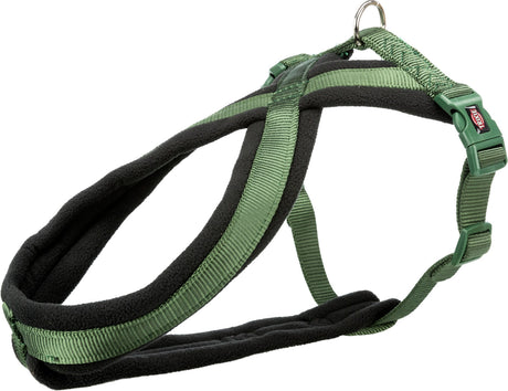 Grüne Hundeleine mit schwarzer Polsterung und Kunststoffverschlüssen, oben ein Metallring zum Befestigen.