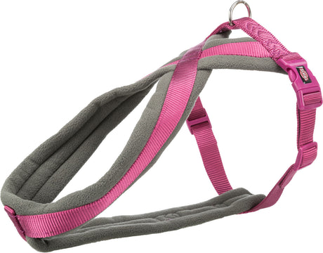 Graues und pinkes Hundegeschirr mit weichem Futter und stabilen Verschlüssen.