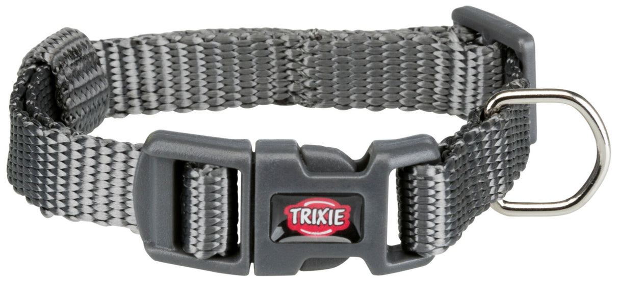 Graues Hundehalsband aus gewebtem Material mit Schnalle und Metallring, Marke "Trixie" sichtbar.