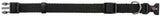 Schwarzes, verstellbares Nylon-Halsband mit Klickverschluss und Metallring zur Befestigung; Markenlogo teilweise sichtbar.