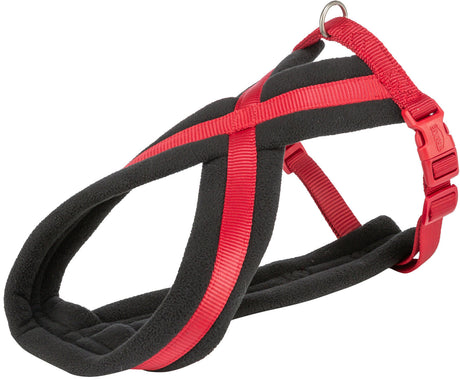 Rotes Hundegeschirr mit schwarzem, gepolstertem Innenraum und Klickverschluss, geeignet für Haustiere.