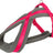 Grau-rosa Hundegeschirr mit weichem Material, verstellbaren Schnallen und einem Metallring.
