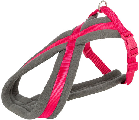 Grau-rosa Hundegeschirr mit weichem Material, verstellbaren Schnallen und einem Metallring.