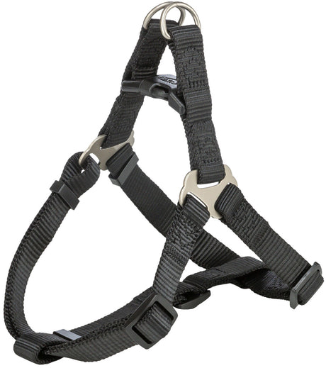 Schwarzes Hundegeschirr aus verstellbarem Nylon mit Metallringen und Kunststoffverschluss.