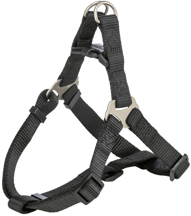 Schwarzes Hundegeschirr aus verstellbarem Nylon mit Metallringen und Kunststoffverschluss.