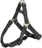 Schwarzes Hundegeschirr aus verstellbarem Nylon mit Metallringen und Kunststoffverschluss.