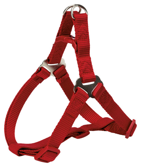 Rotes Hundegeschirr aus Nylon mit verstellbaren Gurten und Metallringen für die Leine.