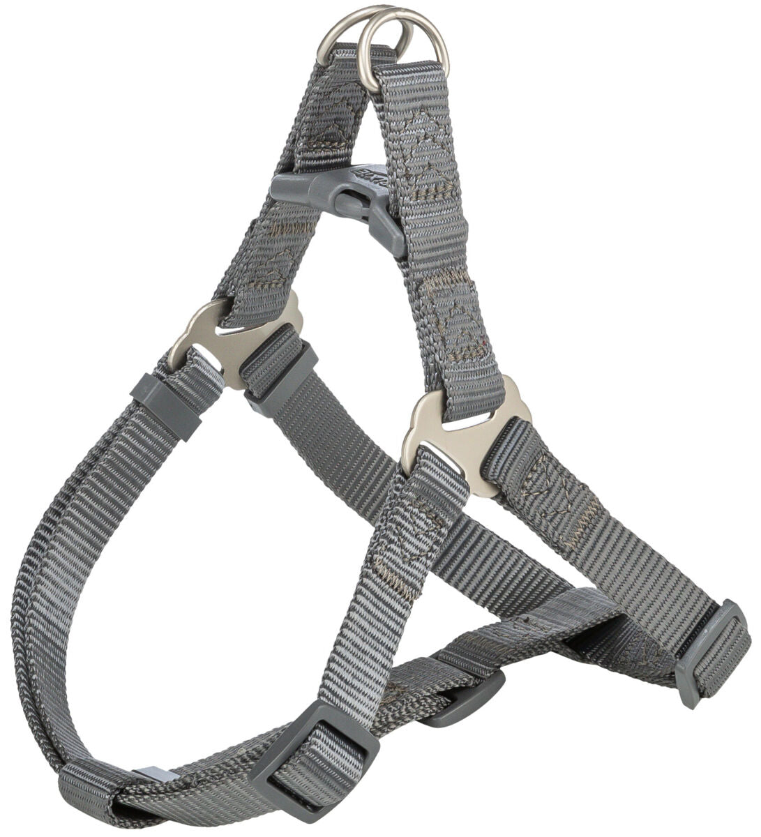 Graues Hundegeschirr mit verstellbaren Gurten und Metallringen, aus robustem Material gefertigt.