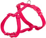 Rotes Hundegeschirr mit verstellbaren Schnallen und Ring, aus strapazierfähigem Material.