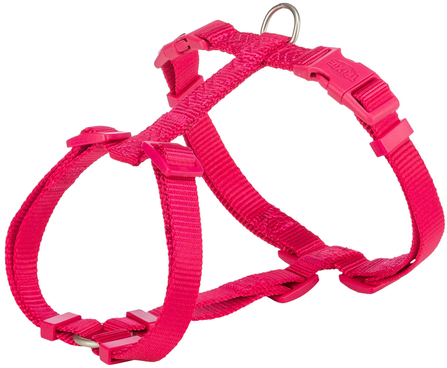 Rotes Hundegeschirr mit verstellbaren Schnallen und Ring, aus strapazierfähigem Material.