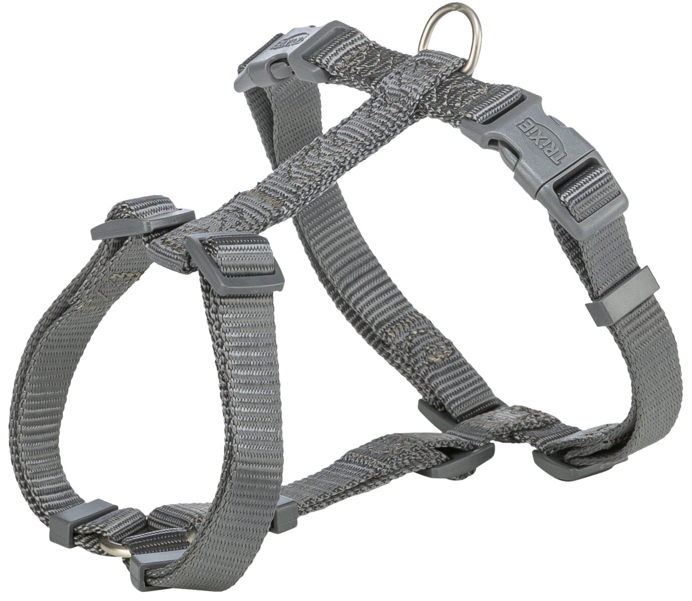 Graues verstellbares Hundegeschirr mit Kunststoffverschlüssen und einem Metallring, neutrale Beschaffenheit.