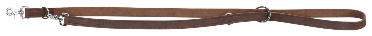 Braune Hundeleine mit silbernen Metallhaken und Ösen, länglich mit sichtbarem gesticktem Text "TRIXIE".