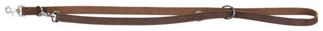 Braune Hundeleine mit silbernen Metallhaken und Ösen, länglich mit sichtbarem gesticktem Text "TRIXIE".