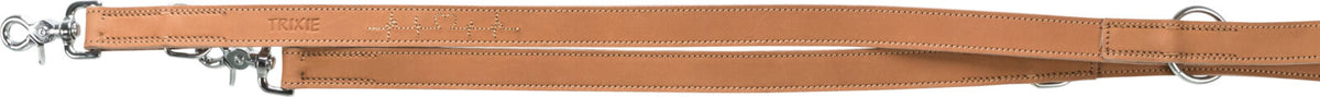 Lederhundeleine in braun mit Metallkarabinern und gesticktem Motiv.