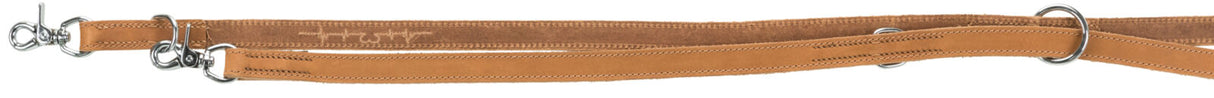 Braunes Lederband mit silbernen Metallringen und Karabinerhaken, längs mit Nähten verziert.