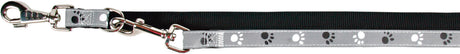 Schwarze Hundeleine mit grauem Dekorband und Pfotenmuster, silberner Metallhaken und Clip.