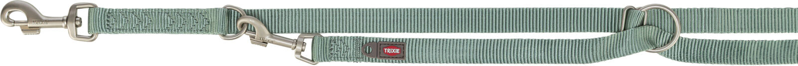 Grüne Hundeleine mit zwei Metallhaken und einem D-Ring, Material gewebt, Label "TRIXIE" sichtbar.