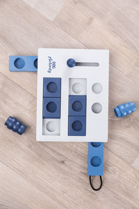 Rechteckiges Spielzeug mit blauen und weißen Elementen und Aufschrift "DOG Activity" auf Holzfußboden.