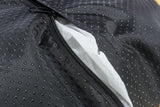 Nahaufnahme eines schwarzen Stoffes mit kleinen Punkten und einem geöffneten Reißverschluss, dahinter weißes Material.