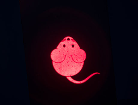 Rotes leuchtendes Bild einer stilisierten Maus mit großen Wangen, rundem Körper und einem langen Schwanz.
