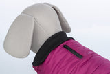 Stoffmodell eines Hundes mit einem lila Hundemantel mit Reißverschluss und schwarzem Kragen.