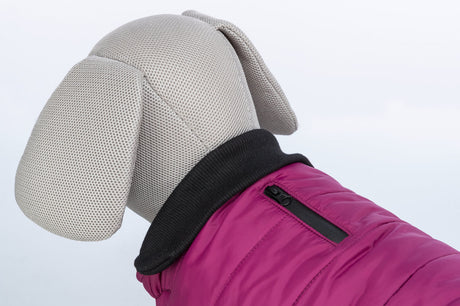 Stoffmodell eines Hundes mit einem lila Hundemantel mit Reißverschluss und schwarzem Kragen.