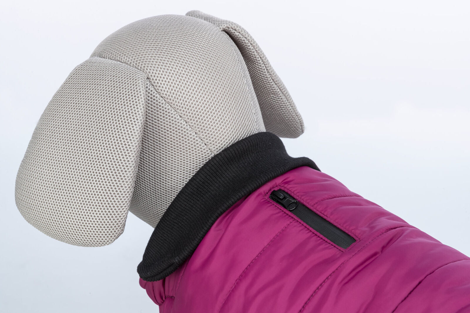 Stoffmodell eines Hundes mit einem lila Hundemantel mit Reißverschluss und schwarzem Kragen.