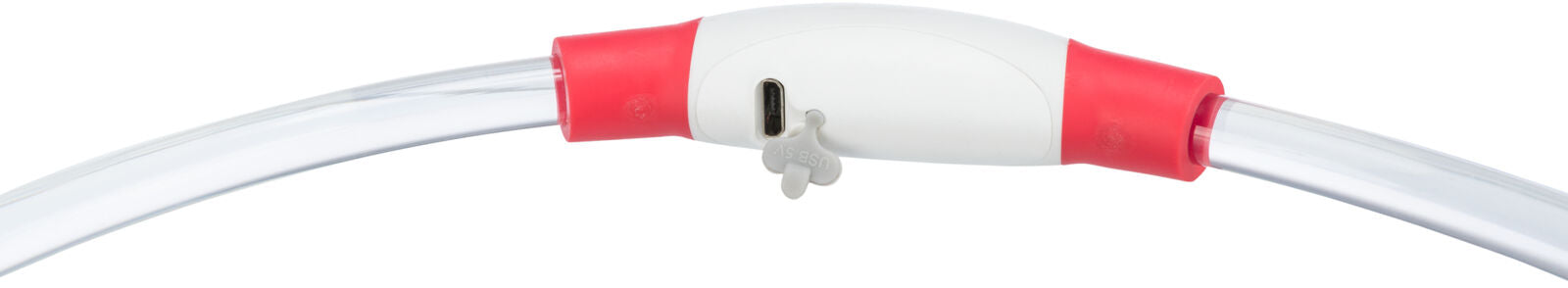 Transparenter Schlauch mit weißem Mittelteil und roten Verbindungen, USB-Schnittstelle sichtbar.