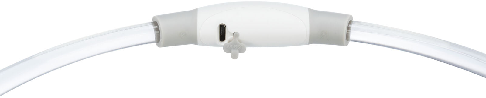 Weißes, gebogenes Kunststoffrohr mit transparenten Enden und einer USB-Anschlussöffnung in der Mitte.