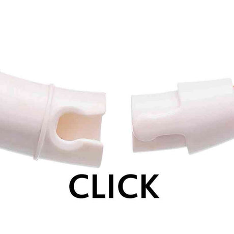 Zwei weiße Kunststoffteile, die ineinander passen, mit dem Wort "CLICK" darunter.