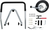Fahrradanhänger-Installationsset mit silbernem Rahmen, schwarzem Griff, Rad, Schrauben und Montagematerial.