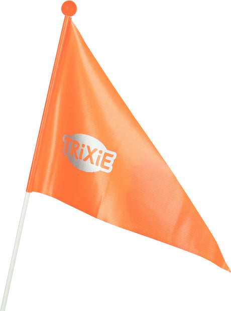 Orangefarbene Fahne mit der Aufschrift "TRIXIE" in Weiß, befestigt an einem weißen Stab mit Kugel oben.