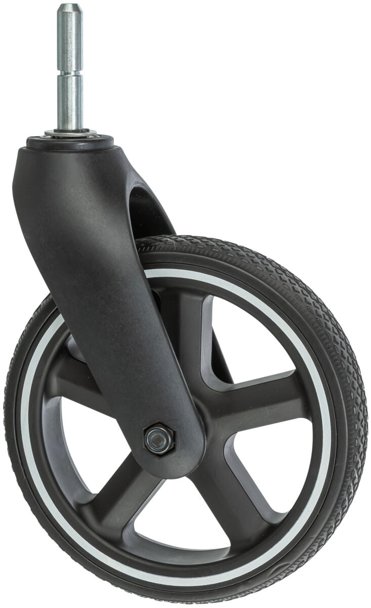 Schwarzes Rad mit silbernem Streifen und Achse, geeignet für Kinderwagen oder Transportlösungen.