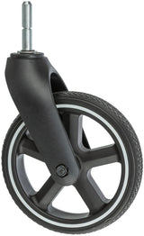 Schwarzes Rad mit silbernem Streifen und Achse, geeignet für Kinderwagen oder Transportlösungen.