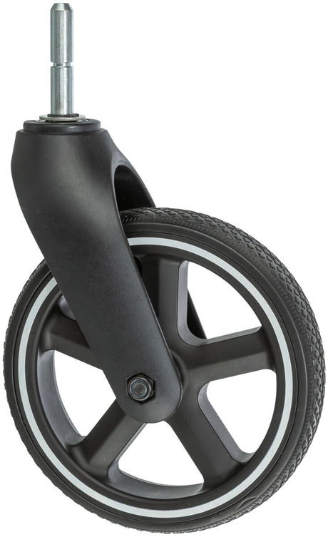 Schwarzes Rad mit silbernem Streifen und Achse, geeignet für Kinderwagen oder Transportlösungen.