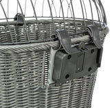 Grauer Korb mit geflochtenem Design und Metallgitter, Lederbänder und schwarzes Kunststoffteil sichtbar.