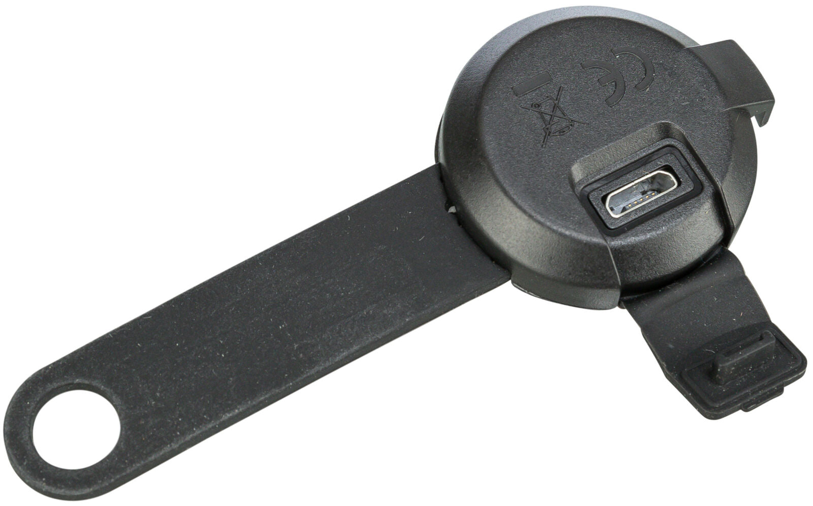 Schwarzes Kunststoffgerät mit rundem Deckel, USB-Anschluss und langem Griff mit Öse, Symbolen oben.